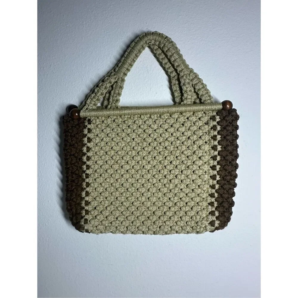 RARE VINTAGE CROCHET WOVEN PURSE BROY TAN EARTH TONES BOHO CHIC LINED PATCHWORK